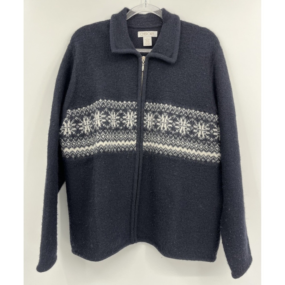 Vintage Cherokee 100% Wool Fair Isle Style Full Zip Sweater Collared Size Large